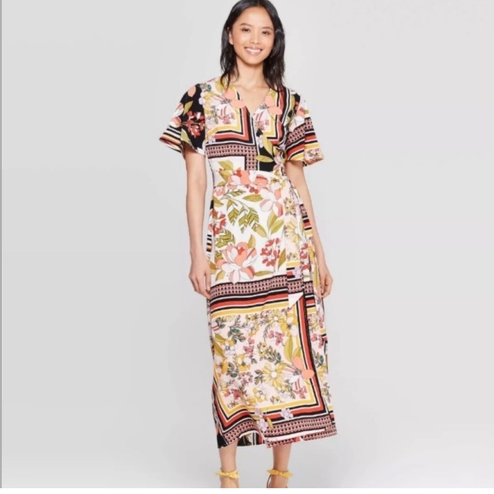 Who What Wear Multicolor Floral Wrap MIDI Dress Size Small